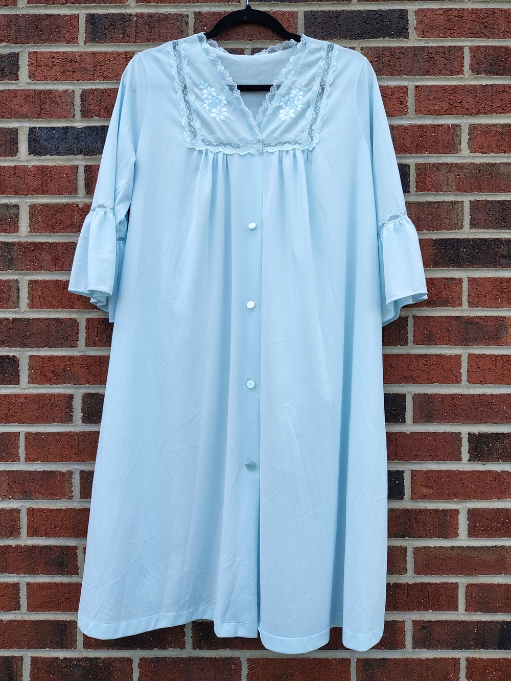 Shadowline Nylon Light Blue Women's Button-Front Nightgown with Lace Trim